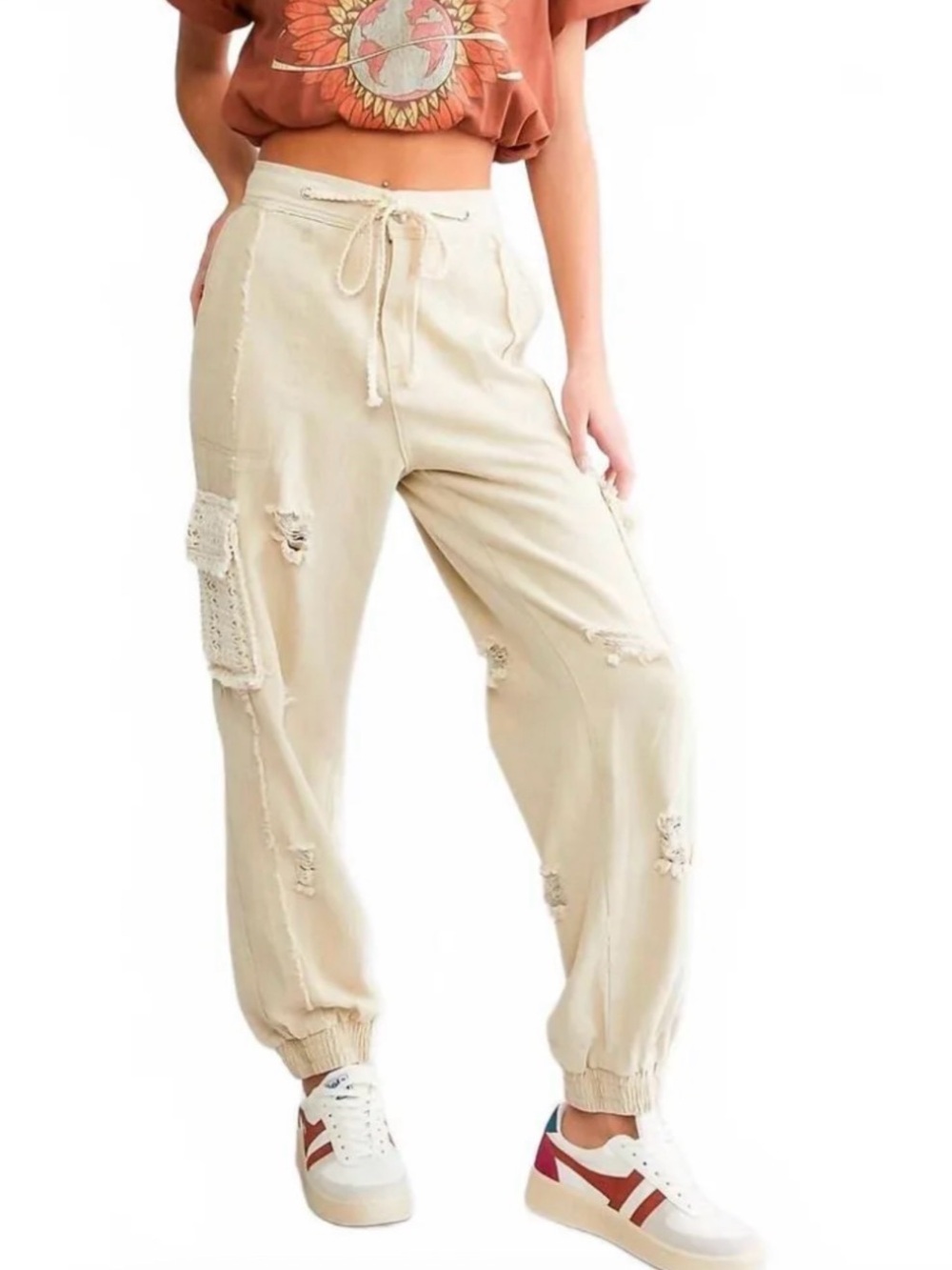 NWT POL Crochet Distressed Cargo Joggers Pants Wide Leg Drawstring Sand Beige